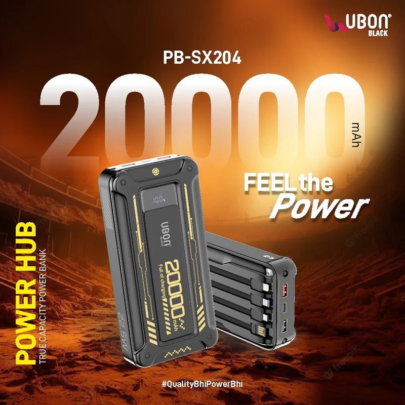 UBON PB-SX204 Power Hub 2.0 with 20,000mAh, Built-In Cables, and Fast Charging