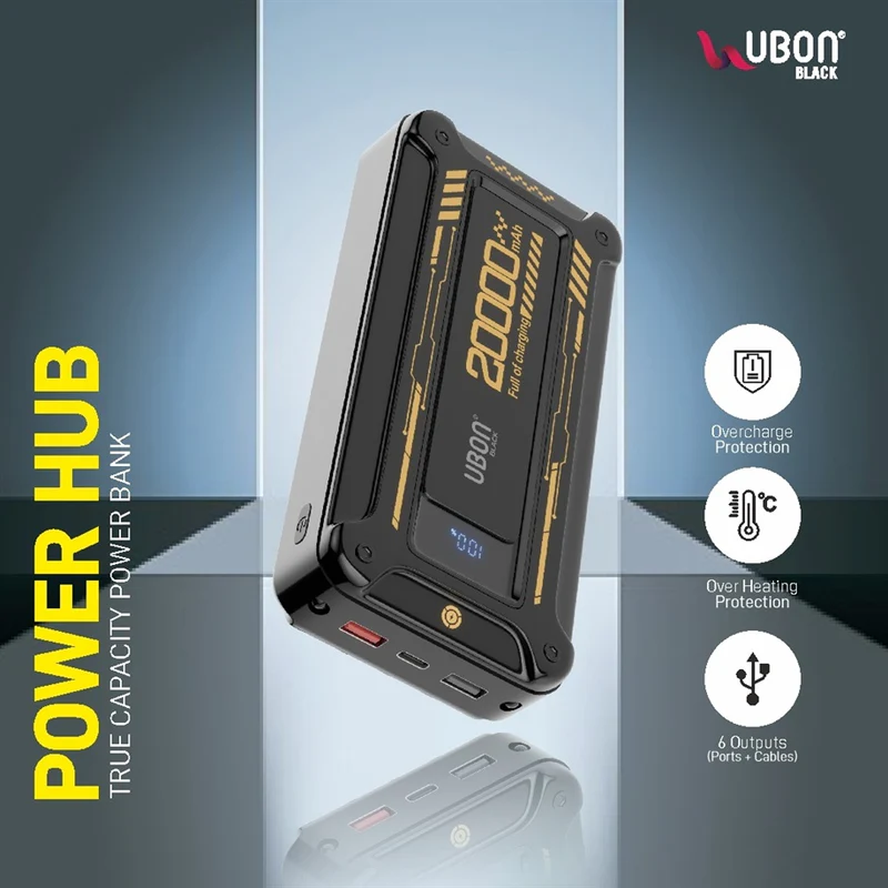 UBON PB-SX204 Power Hub 2.0 with 20,000mAh, Built-In Cables, and Fast Charging