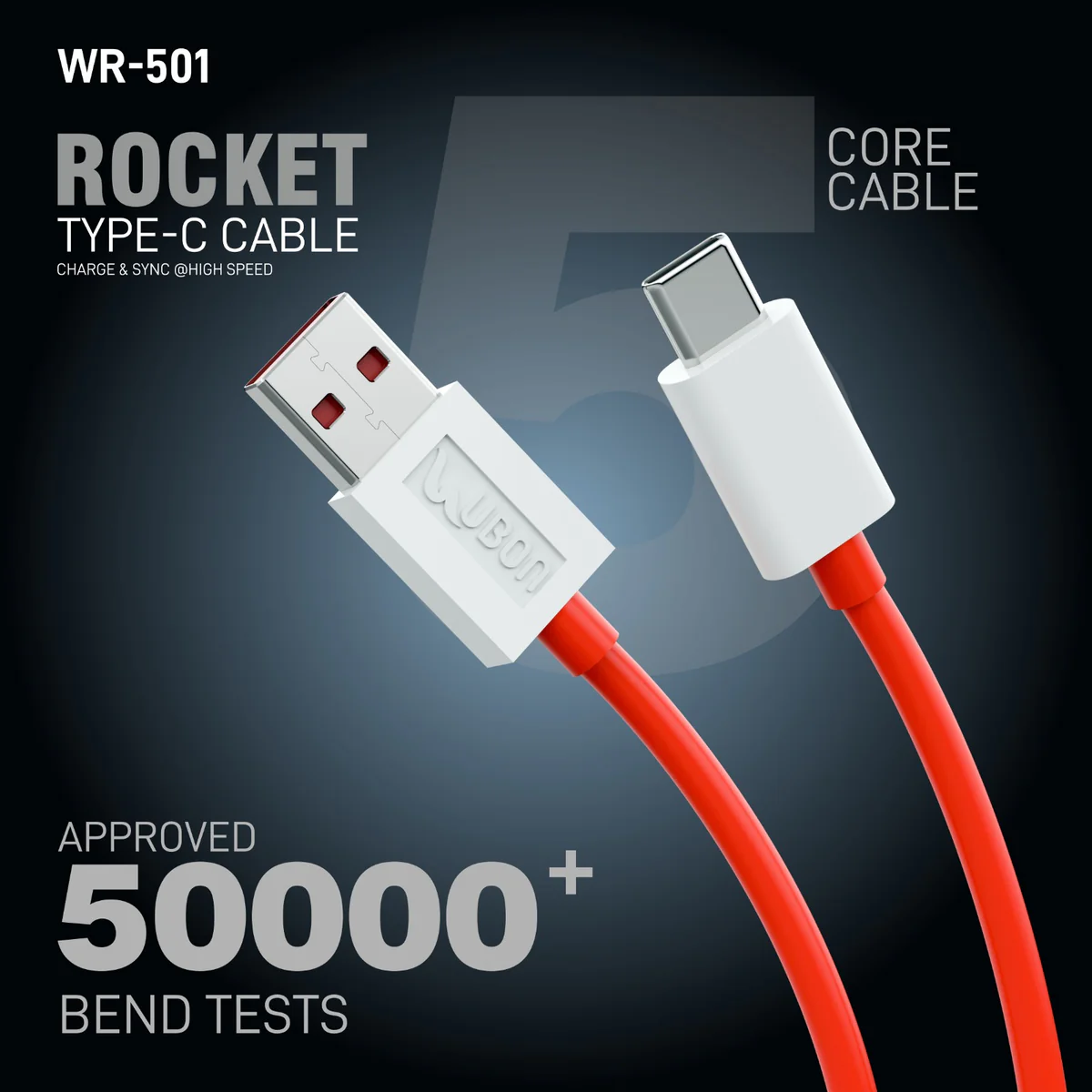 UBON WR-501 1metre, 65W High-Speed Charging Cable with Type-C connector, supports multiple charging protocols and multiple devices