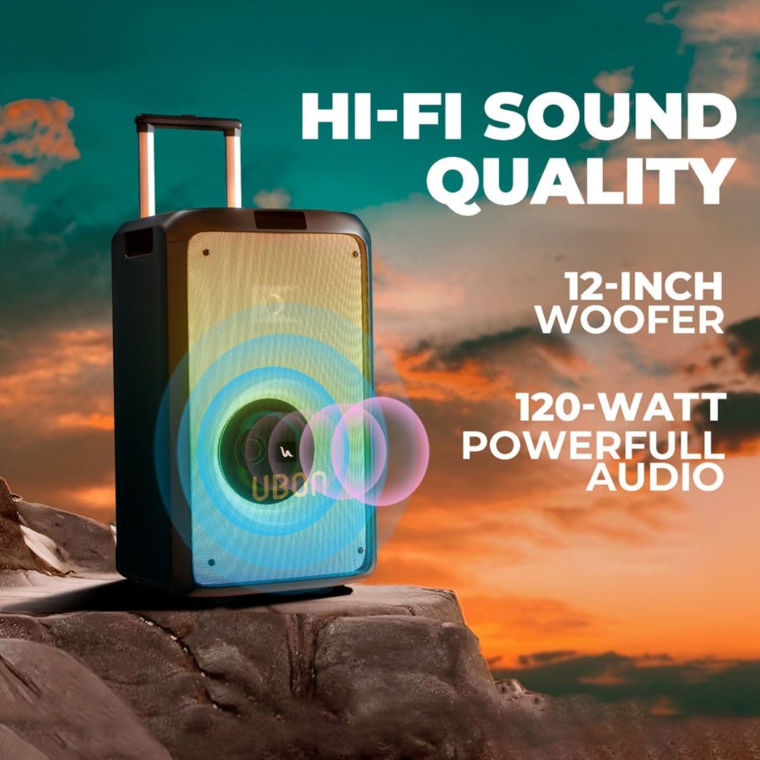 UBON HT-1570 Party Speaker | 120W Power, 12-Inch Woofer, RGB Lights & Dual Mics