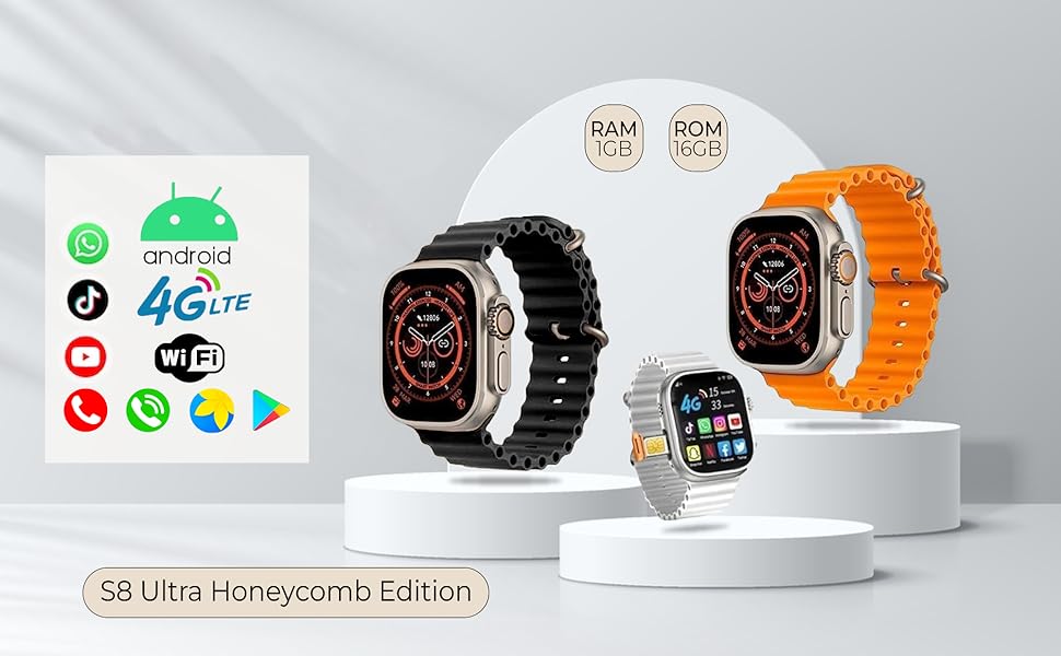 Premium S8 Ultra 4G SIM Android Smart Watch Honeycomb Edition,Large 1.96-inch Infinite Display Extra Band - (Orange and Black)