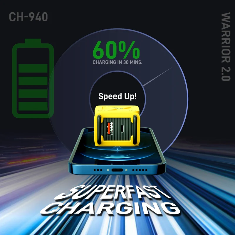 UBON CH-940 Warrior 2.0 65W Dual Port Fast Charger - Includes Free Braided Type-C Cable