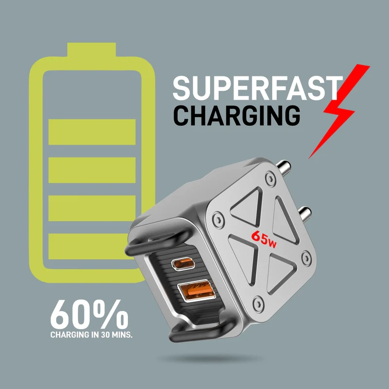 UBON CH-940 Warrior 2.0 65W Dual Port Fast Charger - Includes Free Braided Type-C Cable