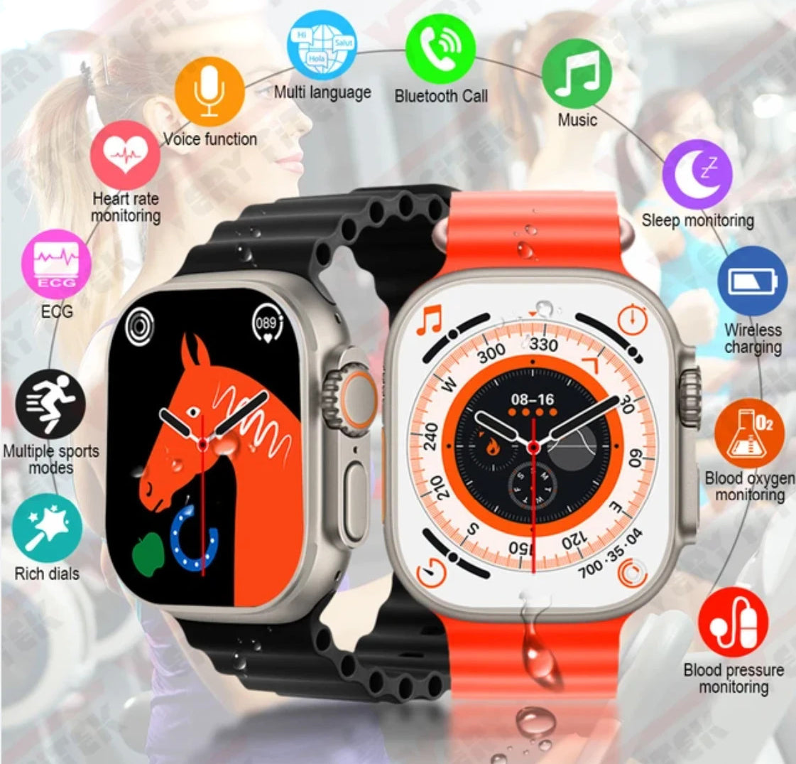 T800 Ultra Smart Watch 1.99" Series 8 HD Display - Campatible for Apple & Android -Bluetooth Call, Fitness Tracker, Voice Assistance -  Orange)