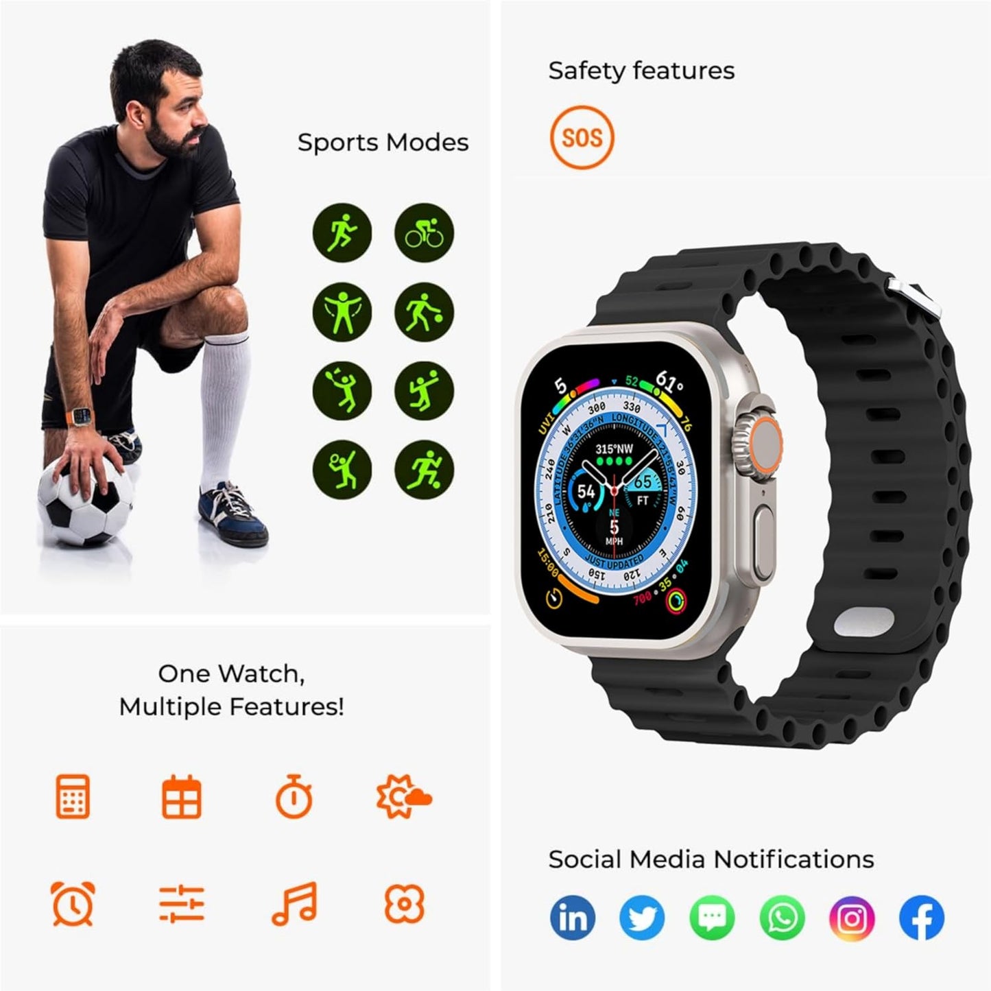 T800 Ultra Smart Watch 1.99" Series 8 HD Display - Campatible for Apple & Android -Bluetooth Call, Fitness Tracker, Voice Assistance -  Orange)