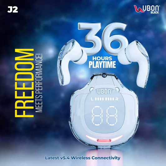 UBON J2 Freedom Series TWS – Premium Bluetooth 5.4, Noise Cancelling, 36 Hours play time, Comfortable Fit, Built-In Microphone, Touch Controls and Led Display