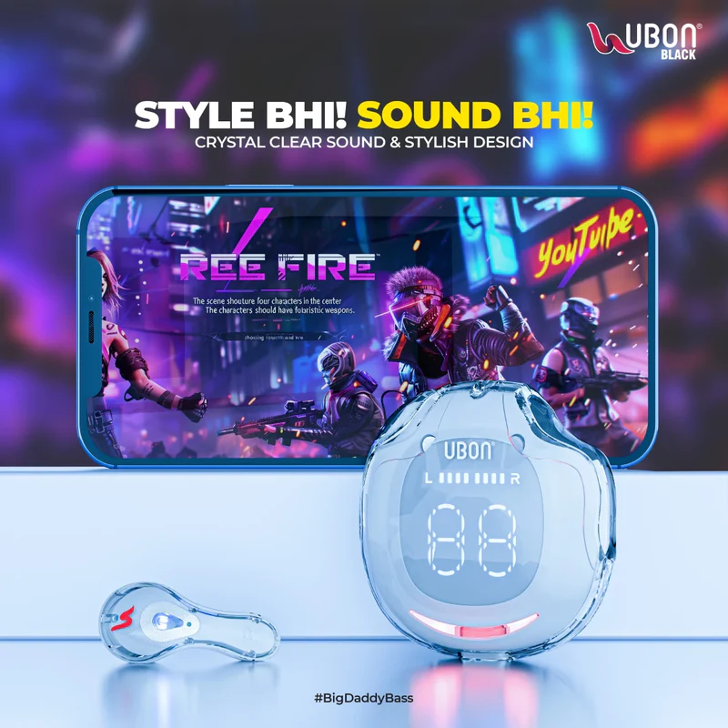 UBON J2 Freedom Series TWS – Premium Bluetooth 5.4, Noise Cancelling, 36 Hours play time, Comfortable Fit, Built-In Microphone, Touch Controls and Led Display