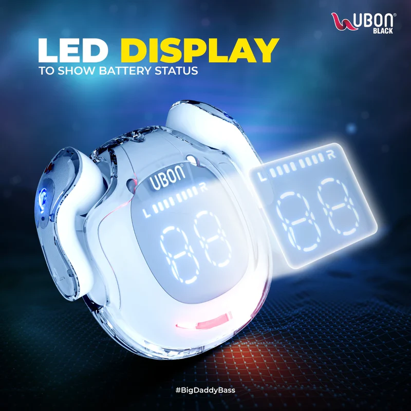 UBON J2 Freedom Series TWS – Premium Bluetooth 5.4, Noise Cancelling, 36 Hours play time, Comfortable Fit, Built-In Microphone, Touch Controls and Led Display